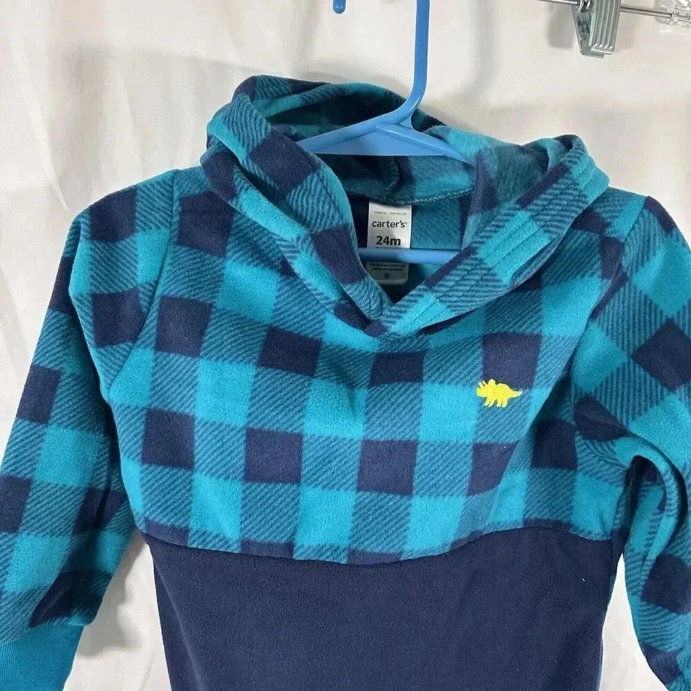 Carters Hoodie Baby Boys 24M Blue Plaid Fleece Dinosaur Embroidered New